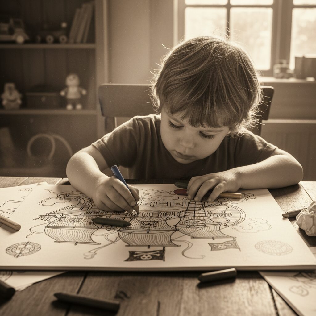 colorie le bateau de capitaine rose, la fillette pirate courageuse, et laisse libre cours à ton imagination avec des couleurs vives et amusantes !