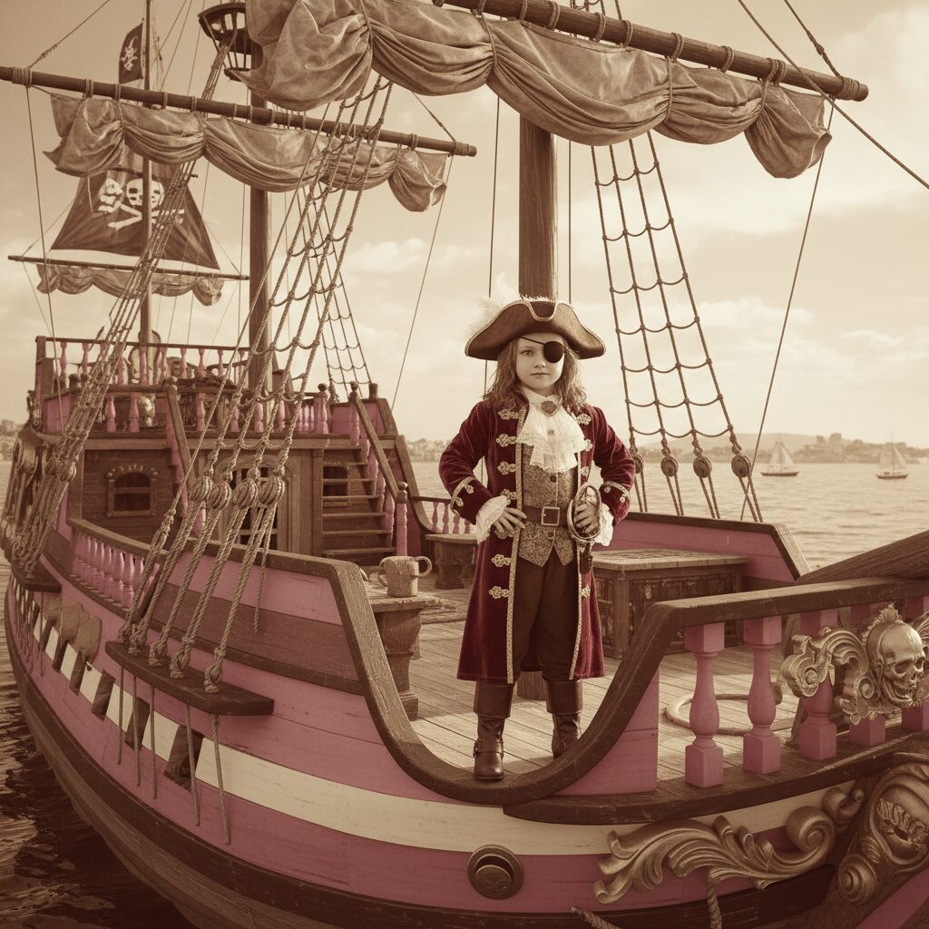 découvre le coloriage du bateau de capitaine rose, la fillette pirate courageuse, et amuses-toi à donner vie à ses aventures en pleine mer !