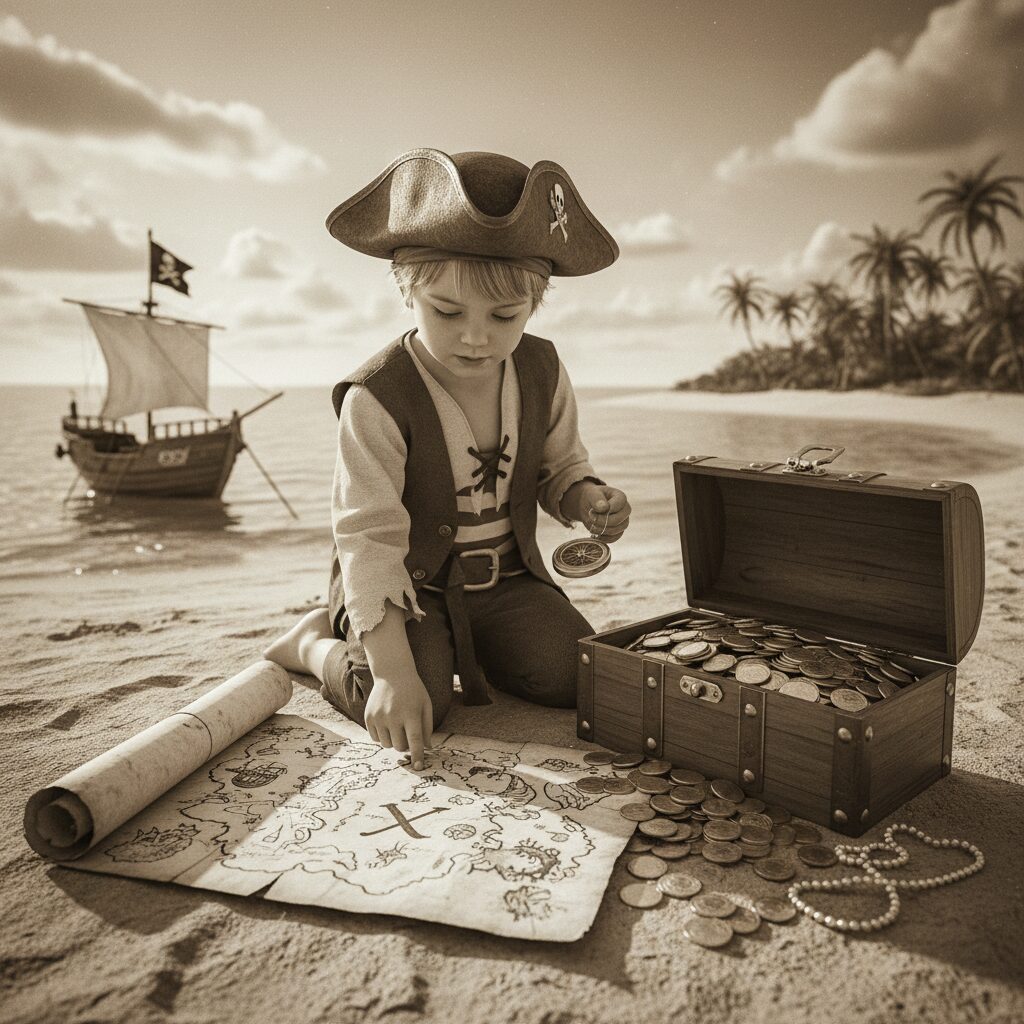 suivez tom dans une aventure palpitante à la chasse au trésor où il découvre un coffre rempli de pièces d'or. mystère, action et découvertes au rendez-vous !