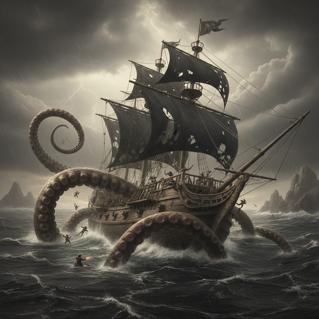 découvrez la légende du kraken, la redoutable créature marine mythique des récits pirates, symbole de terreur et de mystère en haute mer.