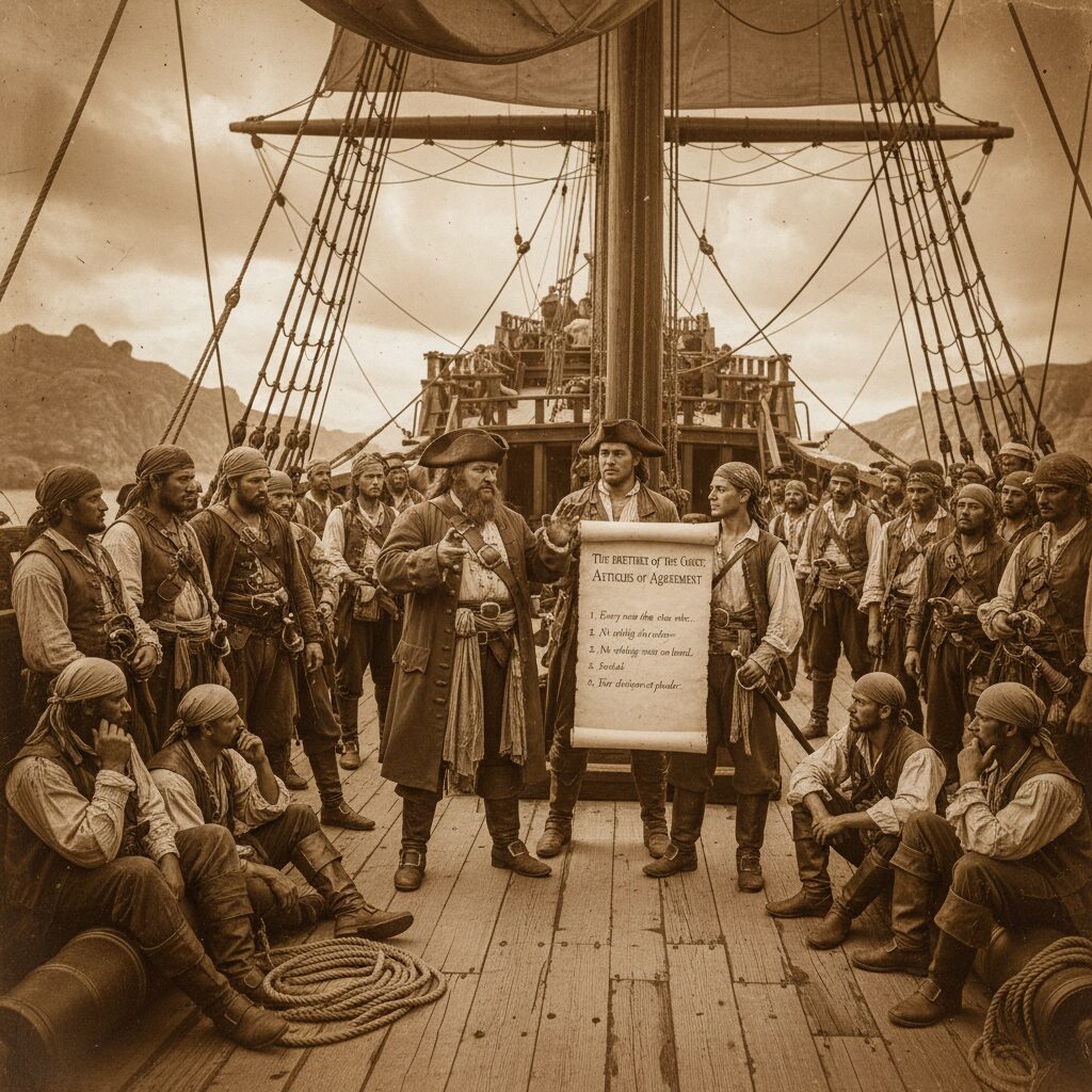 découvrez comment les codes de conduite régissaient la vie à bord des navires pirates, assurant ordre et justice parmi les flibustiers durant leurs aventures en mer.