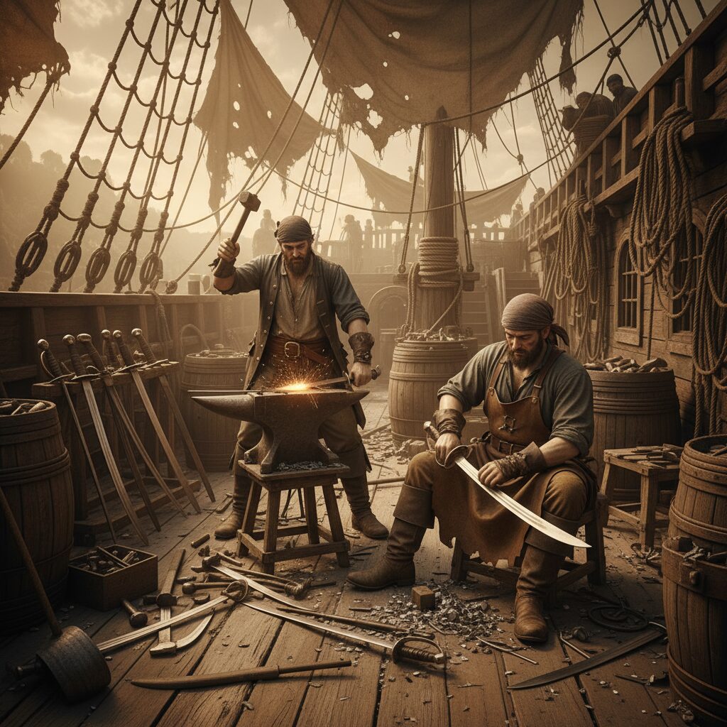 découvrez les techniques traditionnelles de fabrication et d'entretien des sabres utilisés à bord des navires pirates, pour préserver leur tranchant et leur efficacité en mer.