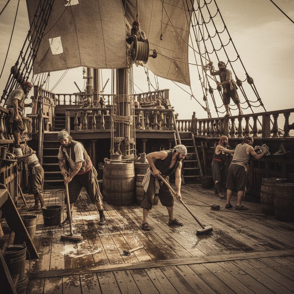 découvrez les habitudes de nettoyage et d'entretien essentielles pour préserver les ponts d'un navire pirate, assurant leur durabilité et sécurité en pleine mer.