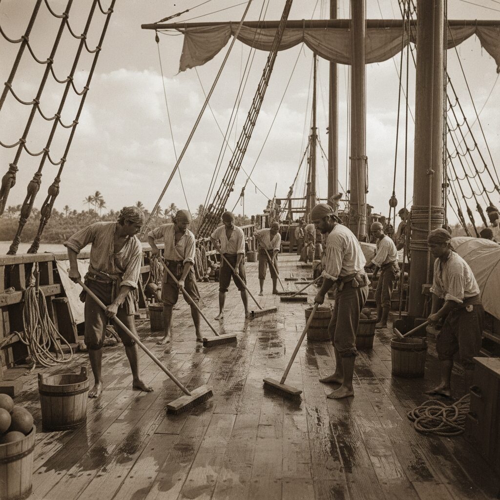 découvrez les habitudes de nettoyage et d'entretien essentielles pour les ponts des navires pirates, garantissant leur durabilité et leur efficacité en mer.