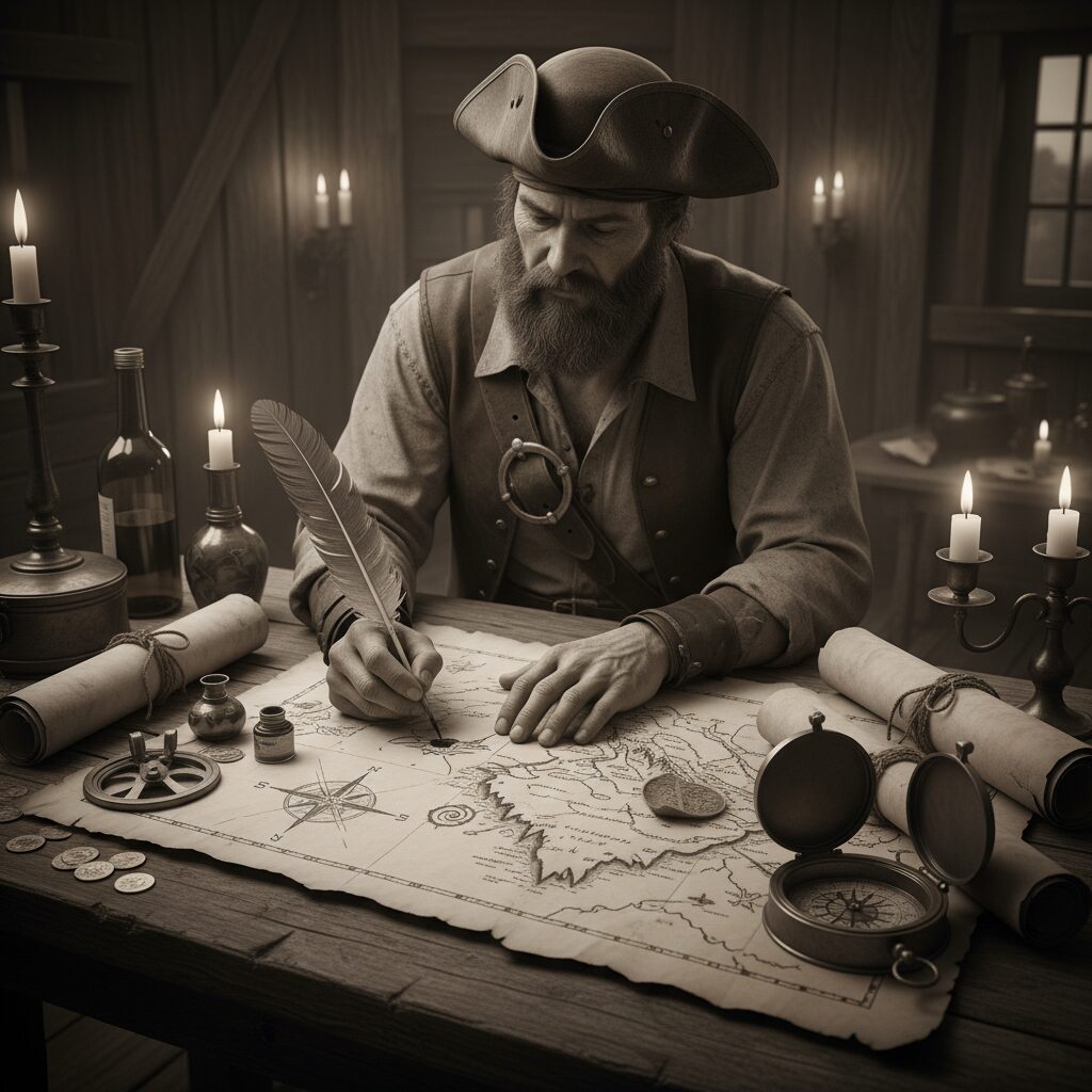 découvrez l'importance essentielle et le processus de fabrication des cartes marines manuscrites utilisées par les pirates pour naviguer et conquérir les mers.