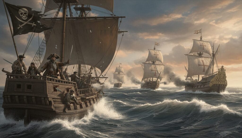 découvrez les aventures palpitantes de jacques l'affreux, flibustier de renom, dans sa chasse légendaire aux navires espagnols.