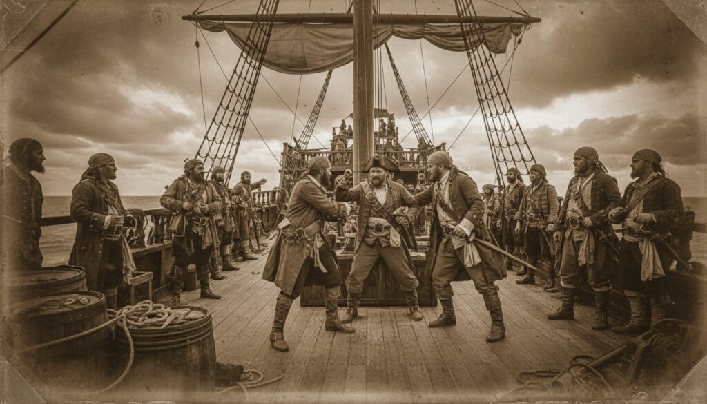 analyse approfondie des mutineries à bord des navires pirates, incluant des études de cas et les conséquences disciplinaires qui en découlent.