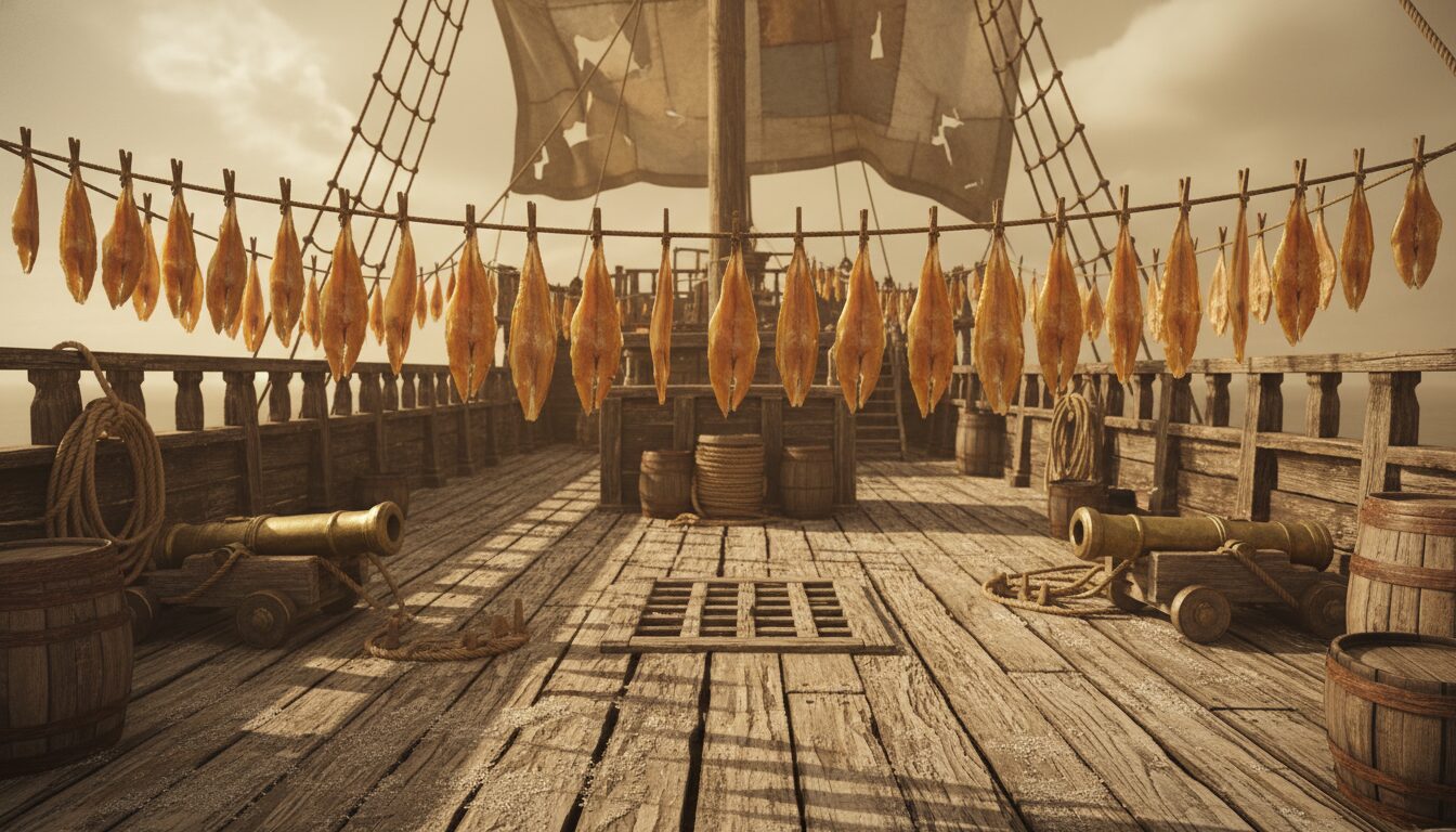 découvrez les techniques traditionnelles de préparation et cuisson du poisson séché à bord des navires pirates, pour un voyage culinaire authentique et historique.