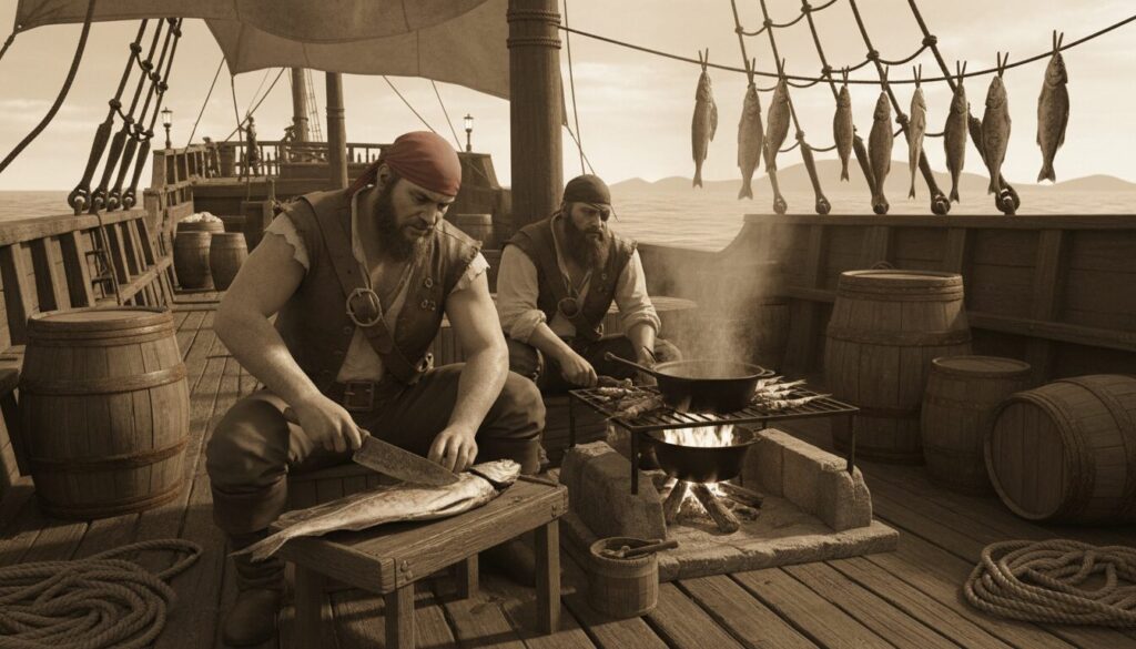 découvrez les techniques traditionnelles de préparation et de cuisson du poisson séché à bord des navires pirates, un savoir-faire maritime authentique et savoureux.
