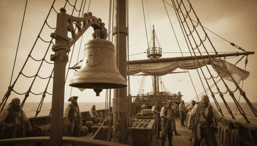 découvrez la signification et l'usage des cloches de bord dans la discipline pirate, un élément essentiel de la tradition maritime et du commandement à bord des navires.