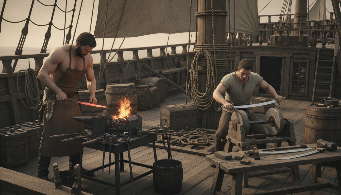 découvrez les techniques de forge et d'affûtage des armes blanches à bord, alliant savoir-faire traditionnel et précision maritime pour un entretien optimal.
