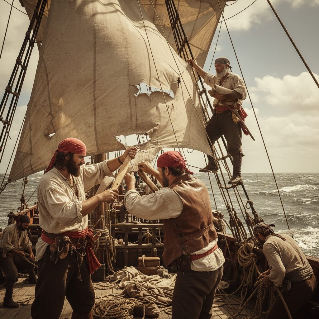 découvrez les techniques de réparation des voiles en pleine mer utilisées par les pirates pour naviguer sans interruption malgré les tempêtes et les dommages.