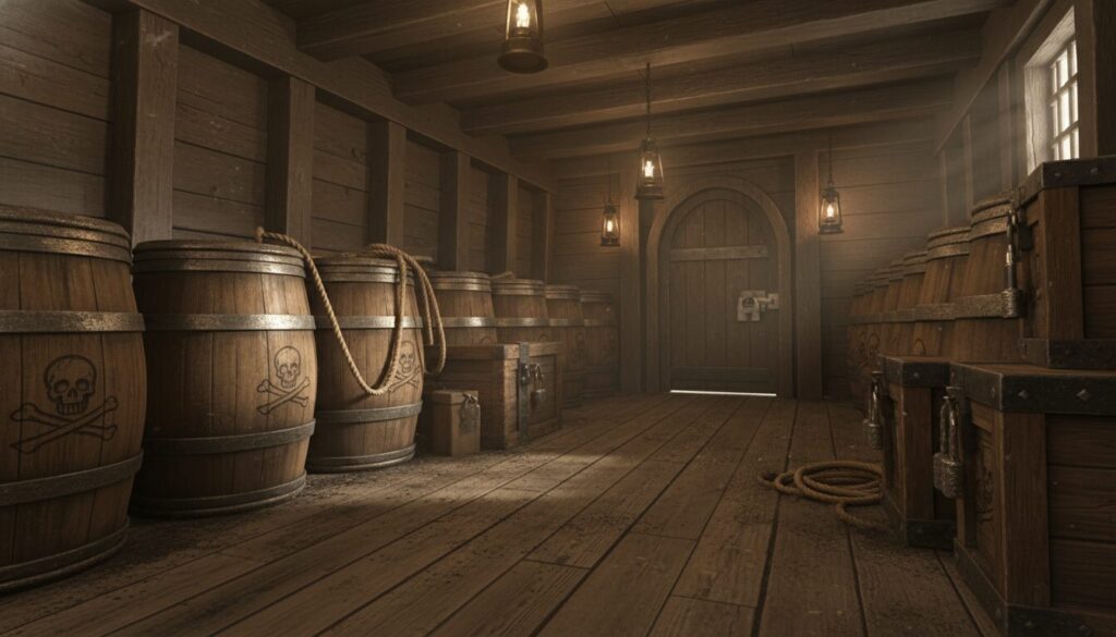 découvrez l'histoire de la manutention de la poudre à canon et les méthodes de stockage sécurisé à bord des navires pirates pour assurer leur sécurité en mer.