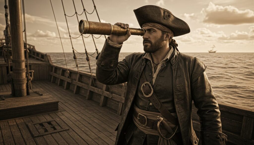 découvrez comment les pirates utilisaient les lunettes d’approche pour repérer leurs cibles en mer et naviguer avec précision lors de leurs abordages.