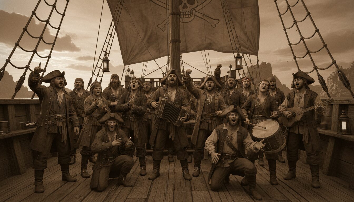 analyse détaillée des chansons et chants de travail traditionnels chantés à bord des navires pirates, explorant leur histoire, leurs paroles et leur rôle dans la vie maritime.