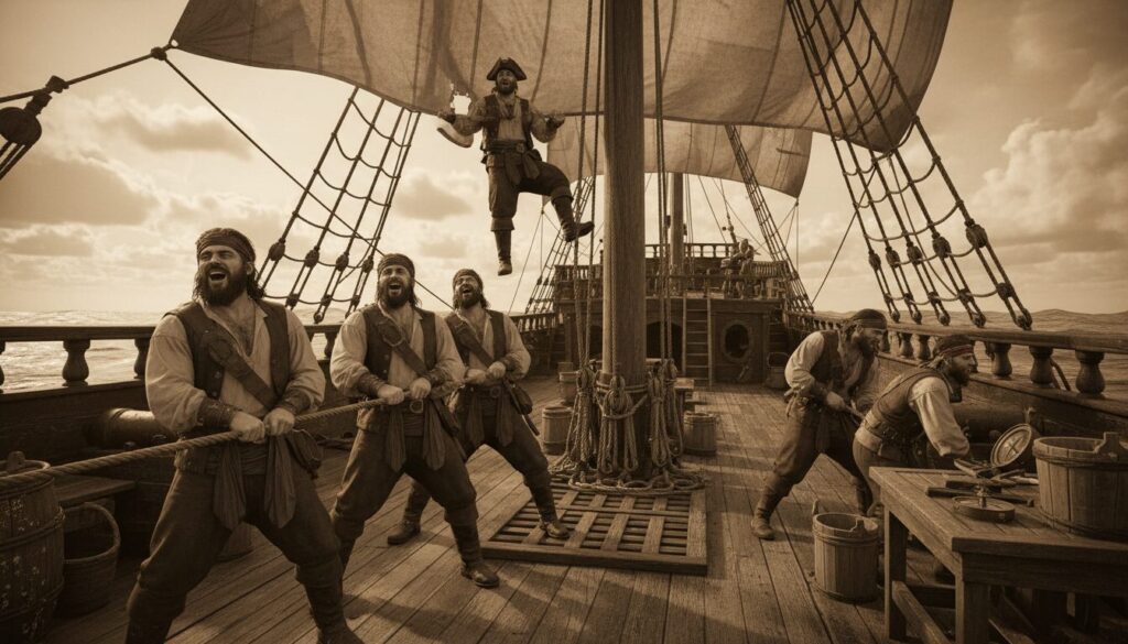 analyse détaillée des chansons et chants de travail à bord des navires pirates, explorant leur histoire, leurs paroles et leur rôle dans la vie maritime.