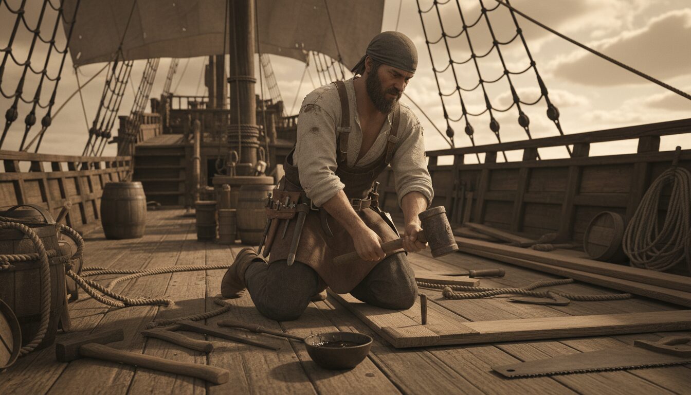 découvrez le rôle essentiel du charpentier de bord dans la maintenance et la réparation des navires pirates, garantissant leur solidité et leur performance en pleine mer.