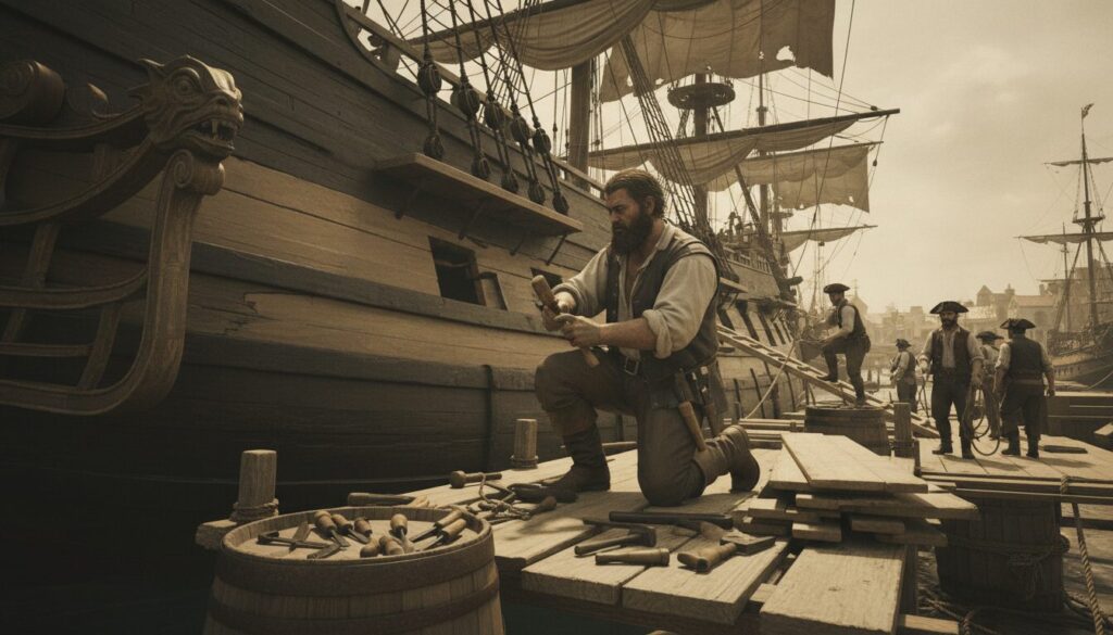 découvrez le rôle essentiel du charpentier de bord dans la maintenance et la réparation des navires pirates pour assurer leur performance et sécurité en mer.